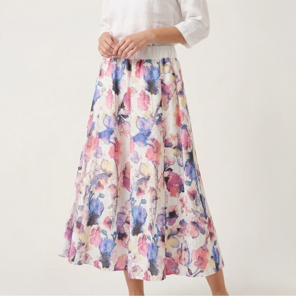 Luca Vanucci 100% Linen Stretch Waist Watercolor Pastel Floral Midi Skirt Size M